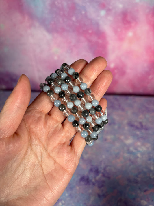 LARVIKITE, ANGELITE, CLEAR QUARTZ BRACELET